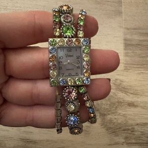 Vintage Vivani Stretch Colorful Quartz Rhinestones Square Stretch Bracelet Watch